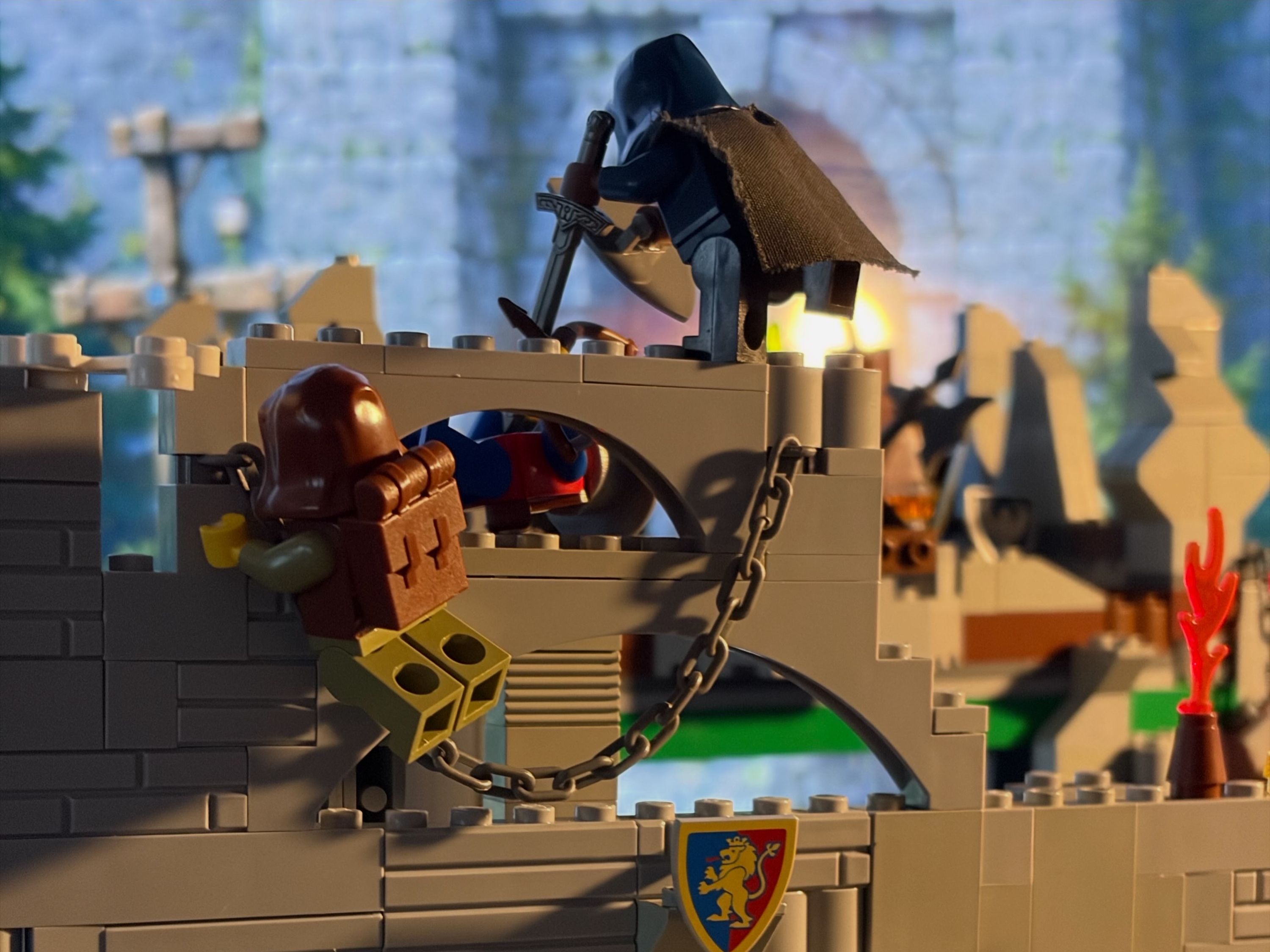 The Treeline bandits scale the wall — a brick-built scene by @theislandsaga, from the world The Island Saga. A story.