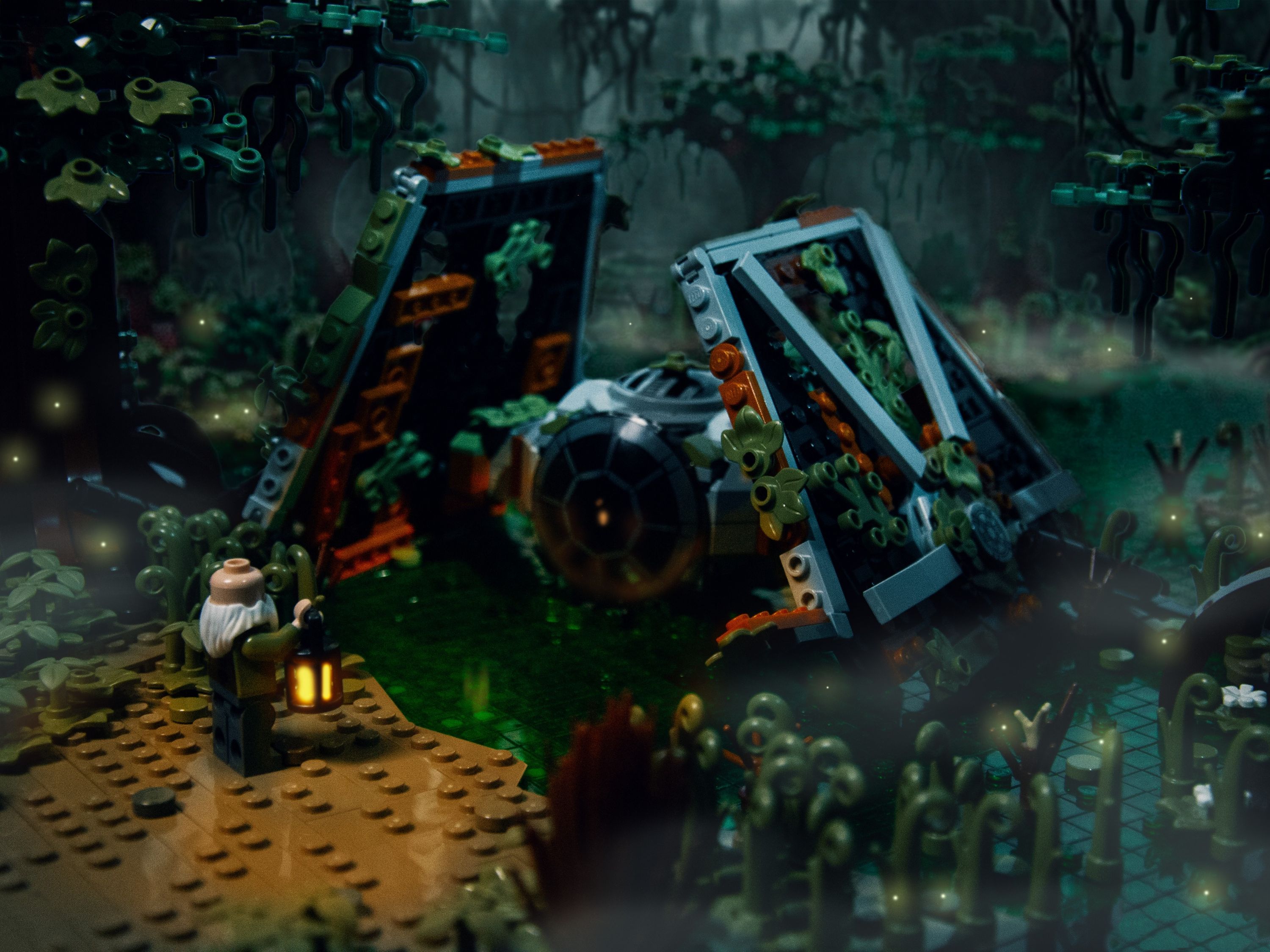 Approaching the edge of the swamp, a local spots a strange, angular silhouette in the dark. 🌫️✨ — a brick-built scene by…