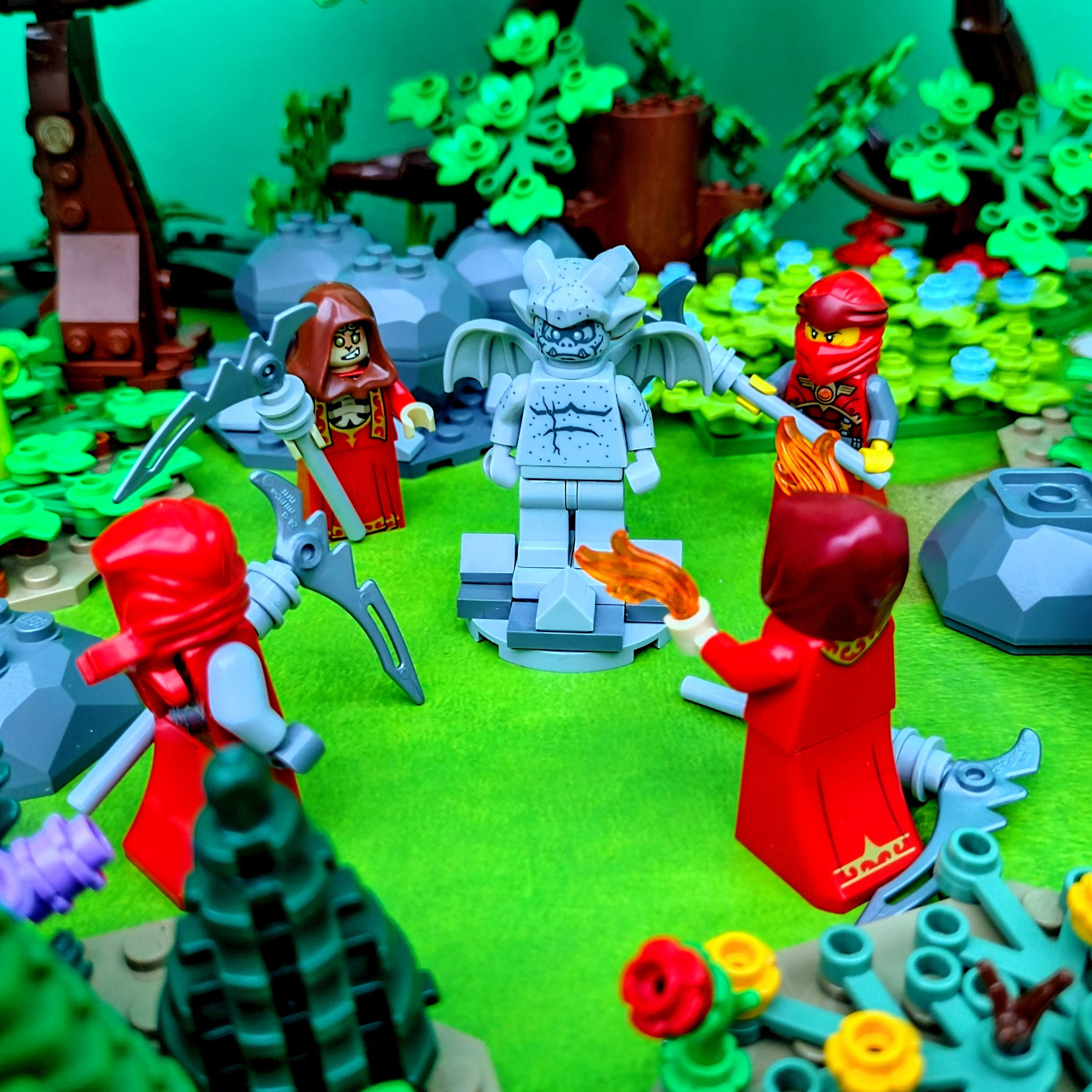 Cultists practice a ritual of chaos around an ancient forest statue. — a brick-built scene by @pixalixbrix, from the world…