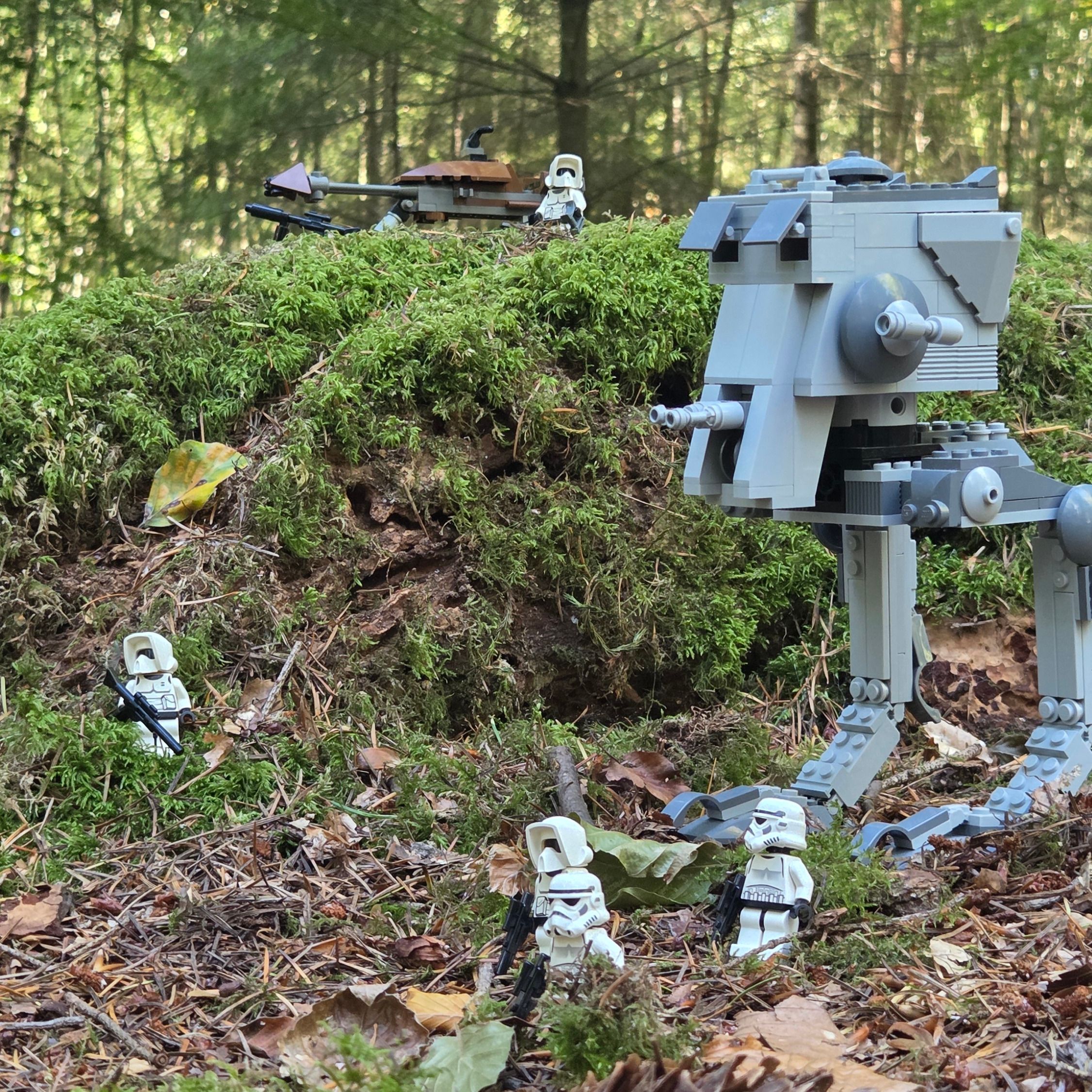 On patrol with an AT-ST — a brick-built scene by @khaiekdvoukdamezhniy, from the world Star Wars - Endor