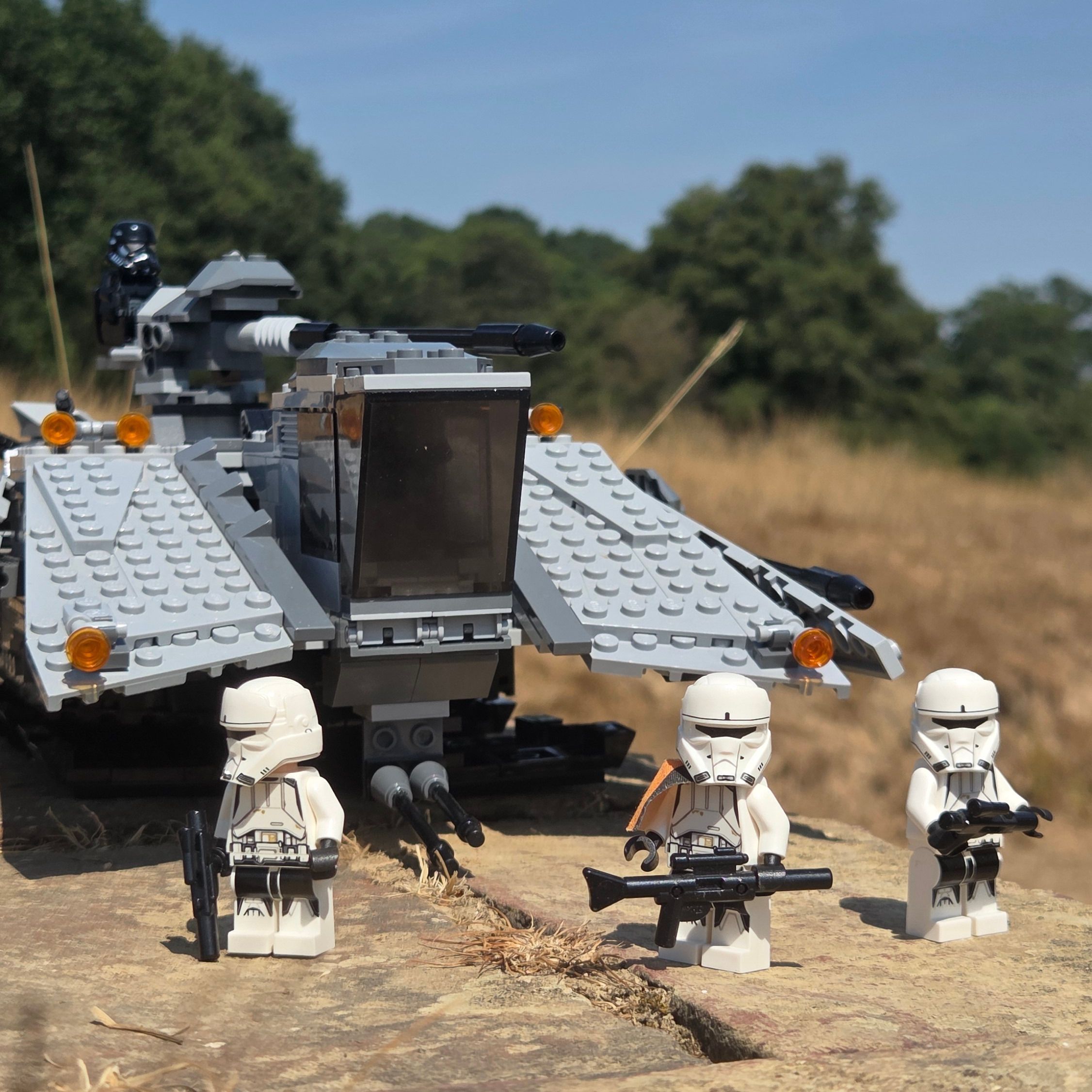 A mixed crew of Hovertank Troopers and Death Troopers with their UT-AT on Naboo. — a brick-built scene by…