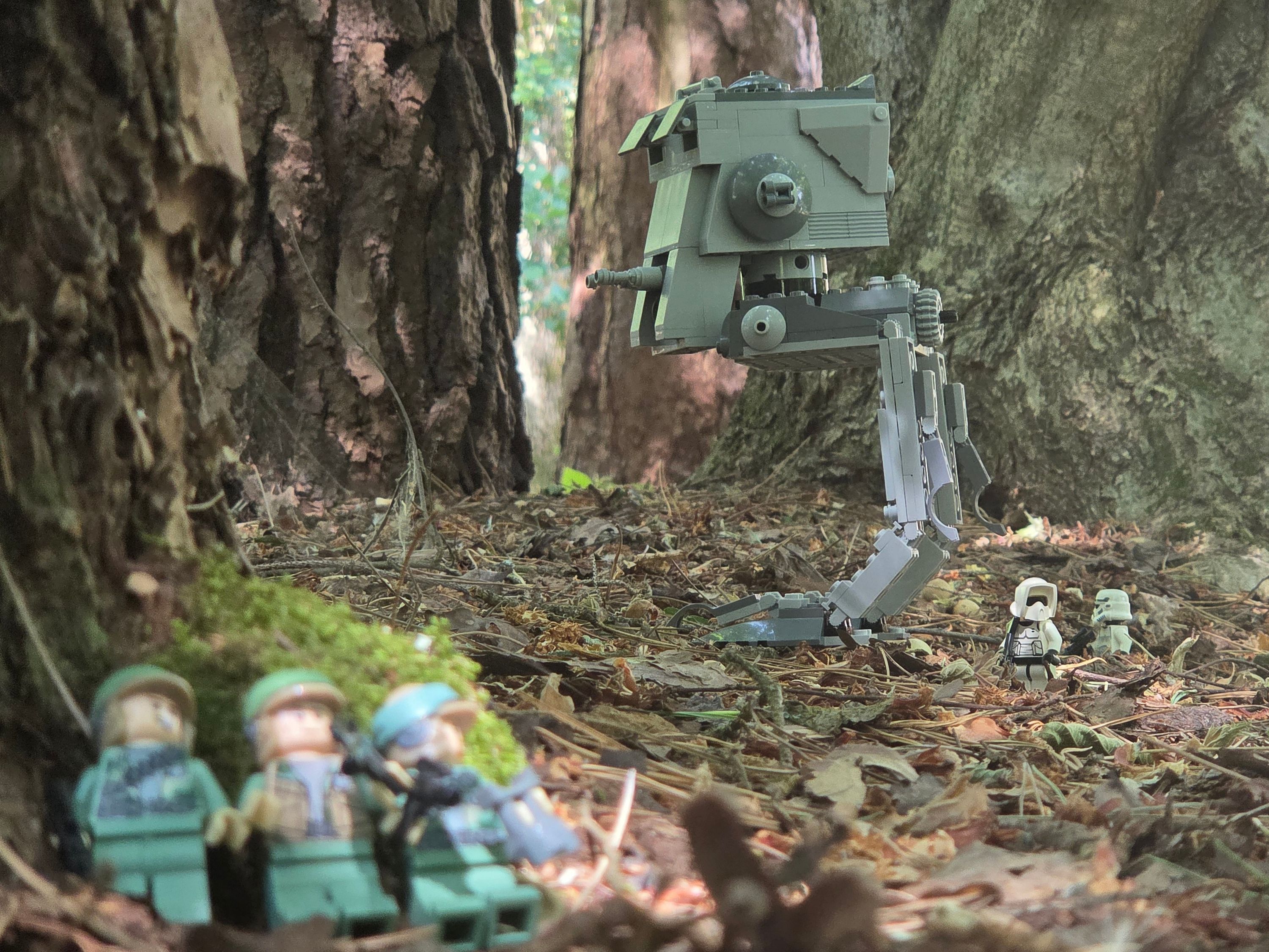 Hiding from an AT-ST — a brick-built scene by @khaiekdvoukdamezhniy, from the world Star Wars - Endor